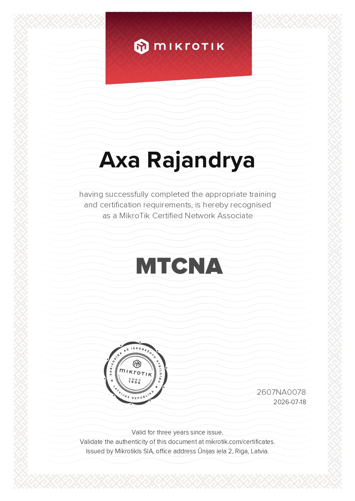MTCNA (MikroTik Certified Network Associate) certificate