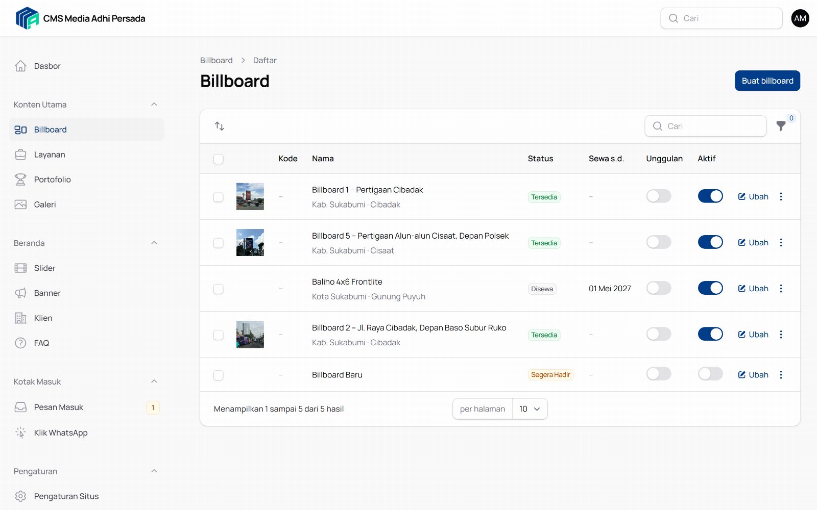 Kelola billboard di CMS (desktop)